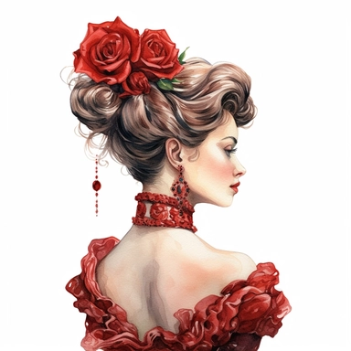 Elegant Victorian lady in a flowing gown, her intricate updo adorned with a statement red rose hairpin. White background, clipart, watercolor, intricate detail