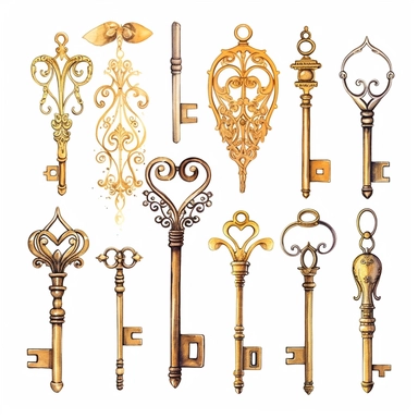 assorted gold keys inspired by Alice in wonderland watercolor illustration, design elements isolated on white background, vintage clip art - Image #4 <@1098423716465102849>