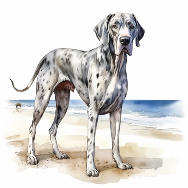 realistic high detailed, Hand drawn watercolor clipart of Great Dane on a beach, on a pure white background for background removal