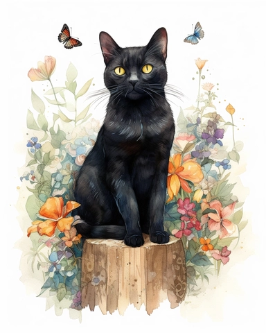 Watercolor Painting of black Bombay cat wearing overalls, , sitting on stump surrounded by wild Texas Flowers, on white background good anatomy, DETAILED ILLUSTRATION, Flemish Baroque, Rococo, white background, Intricate Detailed, Soft Light Effect, Oil Paint Strokes, Light Academia Aesthetic Flowers, Lighting cinematic, all shown shimmering stamens, tyndall light, texture, colorful, 8k, fantasy, ray tracing, vivid, spectacular lighting, octane rendering, highly detailed, ultra - realistic, whit