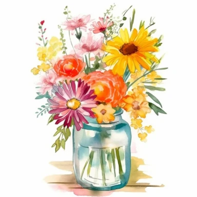Transparent Vase of summer Flowers Clipart, High Quality, Digital print , water colors, cheerful vibe , vector art