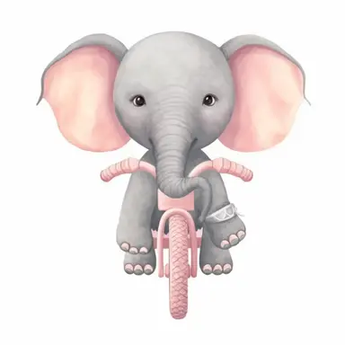 nursery cartoon clip art, cute baby elephant, riding a bike, soft pastel colors, clean isolated image, plain white background,