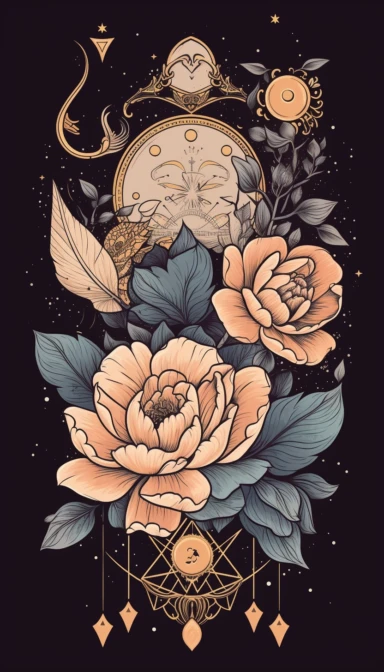 tattoo clipart, minimalism art decor image of a vector moon, Buddha, lotus flowers, peonies, stars and planets, vertical, sacred geometry, tiny, metallic colors, spiritual, vector, phone wallpaper, high quality image, vector, logo, pastel, triangle and sacred geometry, dark background