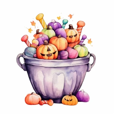 watercolor, candies in a halloween pot, sweet colors, clipart, white background , chaos 20