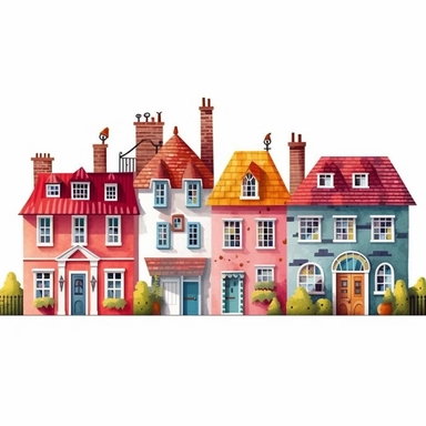 a row of quirky english countryside houses, colorful, clipart on white background