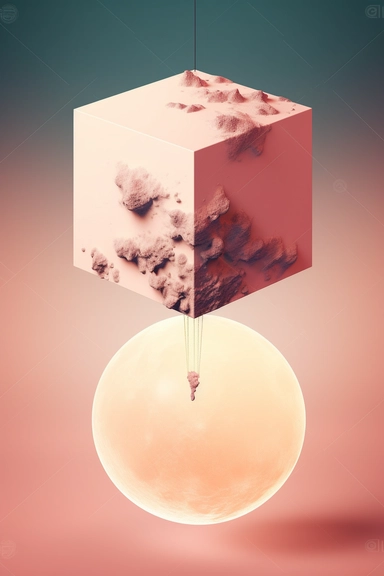 clipart of a cube-shaped moon floating mid air, peach and pink colors, off-white colored background, dreamlike lighting, digital illustration, illustration, surrealism,