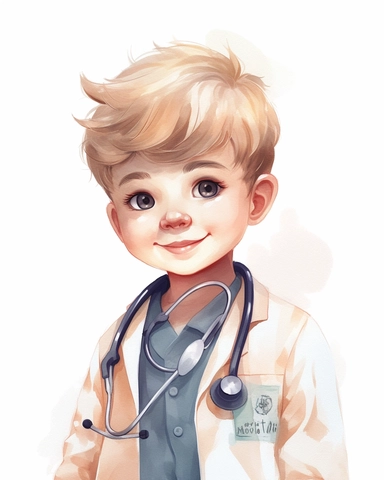 pastel illustration of adorable cute little boy doctor, nursery clipart, cute and emotional, smiling, watercolor clipart, hd, realistic, intricate details, digital art, concept, art, 8k, hd, isolated on white background, spaced out