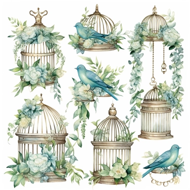 watercolor shabby chic Boho Clipart in blues and greens and neutrals, floral wedding bird cages with greenery inside , gorgeous watercolor high detail, pretty boho colors, different elements