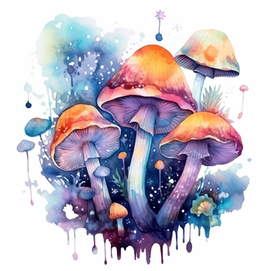 Watercolour Magic Mystical Mushrooms clipart watercolor style , dreamy color, anime style, ghibli , trippy , planet , stars, epic, flowers
