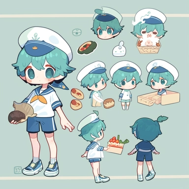 character sheet,knoling,clipart, belongings catalog, cute chibi character, pale blue-green hair, long hair, long bangs, blue-green eyes, flat chest, beautiful young boy, sailor, blue shorts, dark blue socks , whale, soda, sandwich,