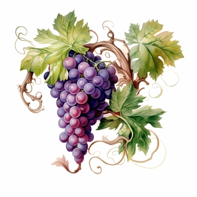 watercolor ultra realistic and hyper detailed illustration of a Grapevine with winding tendrils, clipart, white background