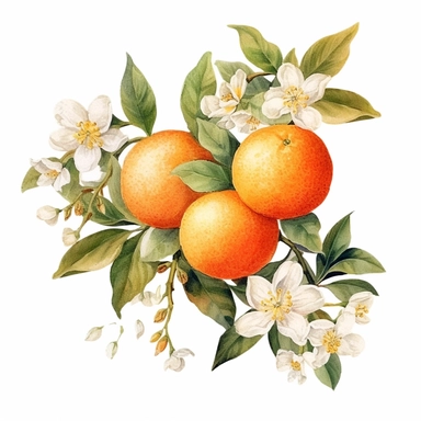This highly detailed watercolor clipart features a captivating orange fruit surrounded by delicate leaves and blossoms in the background. The artwork exudes a serene and natural ambiance with its neutral color palette, presented against a clean white backdrop. The orange is meticulously rendered, showcasing its textured peel and vibrant hue, while the surrounding leaves and blossoms add a touch of botanical elegance. The watercolor technique adds depth and realism to the clipart, creating a visu