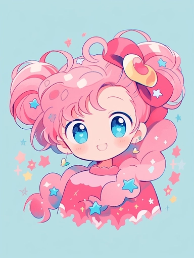 Aries cartoon girl with twelve constellations, lovely sheep horn, pink hair, beautiful and charming blue eyes, whimsical style and fantasy elements, lovely and colorful, eye-catching, honey core, rainbow color, clip art, pink background, Pixar style front view, - niji 5 q 2