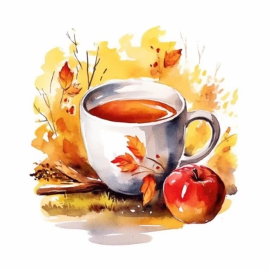 autumn-looking mug willed with hot apple cider clipart, outdoors, autumn, watercolour, hd, detailed, spread out, white background