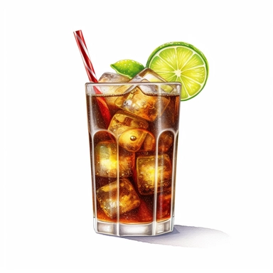 In this captivating Cuba Libre cocktail illustration set against a pristine white backdrop, a spirited scene comes to life. The iconic Cuba Libre takes center stage, showcasing its vibrant and enticing elements. A classic highball glass stands tall, filled with a delightful blend of rum, cola, and a squeeze of lime. The drink's effervescent effervescence and rich amber hue exude a sense of celebration. A perfectly sliced lime wheel floats atop the glass, adding a refreshing touch. The illustrati