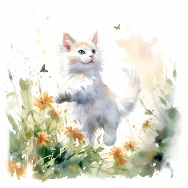 Playful turkish angora baby cat chasing butterflies in a sunlit garden, its tail wagging with excitement, capturing its joyful and lively spirit, white background, watercolor clipart