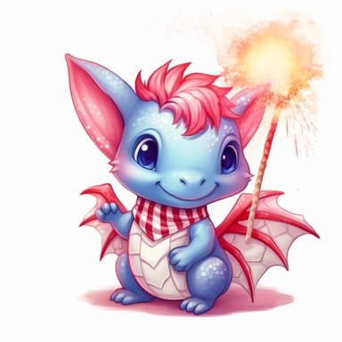 illustration of cute pink baby dragon in red white and blue american flag colors, celebrating 4th of july with fireworks, clipart svg, white background