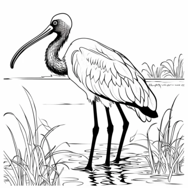 Draw a simple outline of an ibis with a curved beak eating shrimp. The background should be a marsh or wetland with tall grasses and water. Make sure to leave some space for children to color. Simple outline, bold lines, black ink on white background, clipart. Black and white, black ink on white background.