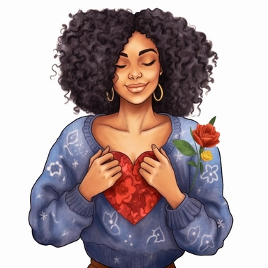 ultra detailed Black Girl Self Love Clipart, solid white background, cozy outfit, beautiful hair, super cute , super hot, self love, peaceful, heart, watercolor, floral, contour, PHOTOREALISM portrait , by ANIMATION