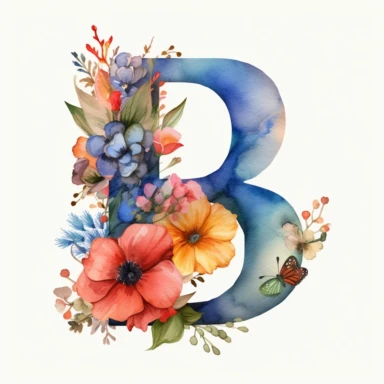 watercolor letter B with colorful flowers clipart, single clipart, high resolution, vibrant colors, 8k