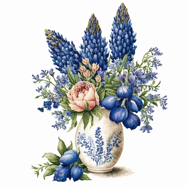 Watercolor Blue Bonnets, Clipart rose floral bouqet in a cute vase, white background, no text, no caption