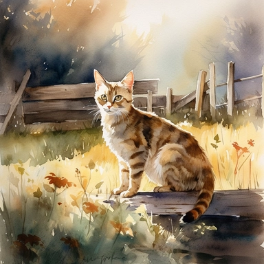 watercolor charming farm scene where a curious cat gracefully explores its surroundings, the cat, with its sleek and agile form, moves with a sense of purpose and independence. Picture the cat perched on a wooden fence, its eyes filled with a mix of curiosity and confidence. The warm sunlight bathes the farm in a soft glow, casting gentle shadows that playfully dance around the cat's silhouette bright sunshine, hyper realistic, isolated white background, 8k, ultra detailed clipart, warm colors
