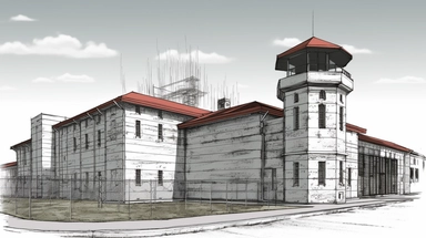 Clip art illustration of Florida State prison USA, use red, grey and blackcolors, realistic, highly detailed, cinematic, tumblewave