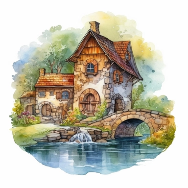 An enchanting watercolor clipart illustration of a picturesque medieval cottage perched near a meandering river, embraced by a tranquil countryside. The cottage boasts weathered stone walls, a thatched roof adorned with climbing vines, and a meticulously crafted waterwheel gracefully spinning by the riverside. The calming river reflects the surrounding nature, with delicate ripples and vibrant aquatic life. Against a clean white background, the watercolor medium enhances the cottage's rustic cha