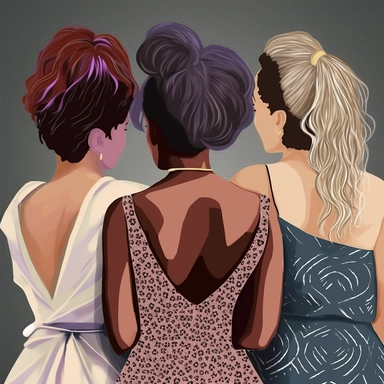 clipart of three adult best friends, friends forever, different ethnicities, party girls, back facing, glam fashion, illustration, closeup