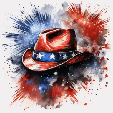 a cowboy hat and red, blue and white fire works on a white backgound clipart vector water color painting shiny