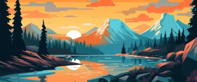 In the same playful clipart style, craft a modernist landscape with a 45:19 aspect ratio that encapsulates the essence of Banff National Park, Canada. Strike a balance between the angular depiction of the imposing Rocky Mountains and the stylized representation of the serene Lake Louise. The color scheme should incorporate deep blues, lush greens, and crisp whites, reflecting the natural splendor of the park. The image should reflect the serene coexistence between the towering mountains and tran