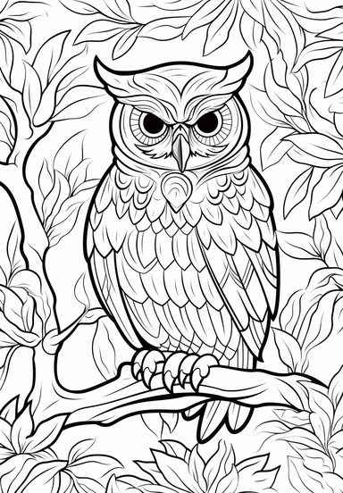 simple and easy coloring page design, coloring page for kids, owl in Amazon Rainforest, South America, cartoon character silhouette illustration cliparts image, high resolution, #screenshotsaturday, whimsical children's book illustrator,