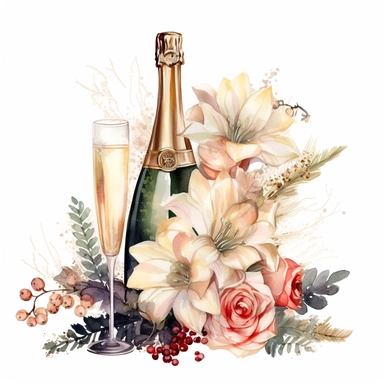 Champagne and Christmas Flowers style by Lucy Fleming, watercolor, smooth gradients, black contour outline, ultra detailed, clipart elements, delicate pastel colors, solid white background, super clear, high quality