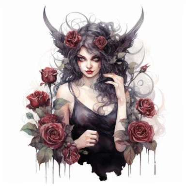 dark and evil fairy having dark roses near her, 8K, ultra details, isolated white background, clipart, hand drawn, hand drawn art, in the style of ultra-detailed watercolor hand drawn collections, HD watercolor collections, soft watercolor, inllustration, high-quality watercolor collections, hand-drawn watercolor collections, and precise watercolor collections made by a professional watercolor artist with attention to detail,
