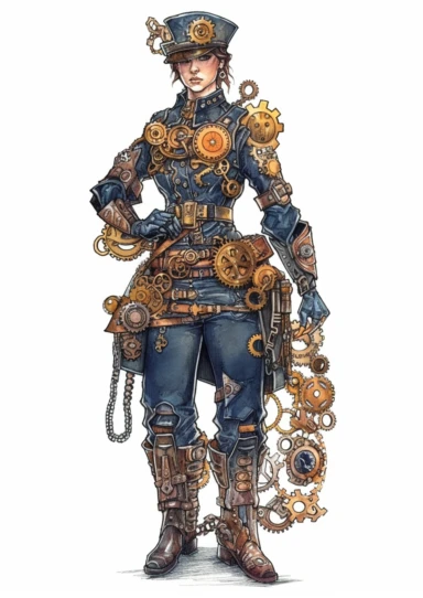 watercolor steampunk police officer in uniform decorated with some gears, highly detailed ,clipart, hd, on white background, spaced out