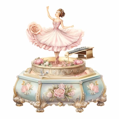 An lid open Victorian Antique Music Box with inside a ballerina figurine spins around ornate carvings and a melodious tune clipart isolated on white background, soft pastel colors, soft pastel flower, in the style of realistic watercolors, feminine sensibilities, detailed illustrations, made of all of the above, in style of Willem Haenraets