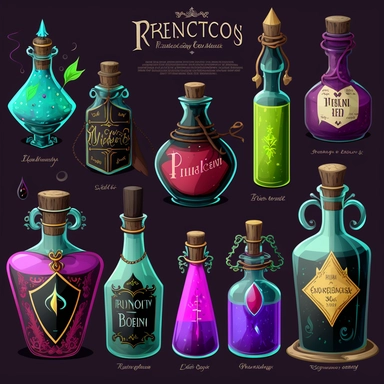realistic clipart image of a magic potion bottle and magic potion bottle set hand-drawn pencil illustrations of various sizes and shapes of glass bottles with different colored liquids inside. Each bottle could have its own label indicating its name and purpose, such as Love Potion #9, Invisibility Elixir, Strength Tonic, Youth Serum, and so on. The labels could be designed with intricate calligraphy or spooky handwriting, and each bottle could have unique embellishments such as cork stoppers, w