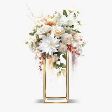 watercolour beautiful realistic white real floral wedding flower spray on gold rectangle tall frame stand realistic elegant wedding floral display stand with white glitter wedding flowers ,clip art graphics , PNG image,transparent background ,ultra highly detailed, 18k, sharp focus, bright photo with vibrant colours, digitally enhanced,photographic, enhanced graphics, png format, straight, sharp focus, bright lighting, intricate detailed png image ,high definition,300dpi,graphic clipart,computer