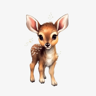 Watercolour cute disney inspired animated woodland baby deer realistic baby deer playing Disney inspired cute baby deer perfect cute real facial features compelling beautiful realistic eyes four perfect legs and hooves perfectly detailed baby deer beautiful realistic intricate detailed perfect baby deer cute details , PNG image,ultra highly detailed, 18k, sharp focus, bright photo with vibrant colours, digitally enhanced,photographic, enhanced graphics, straight, sharp focus, bright lighting, in