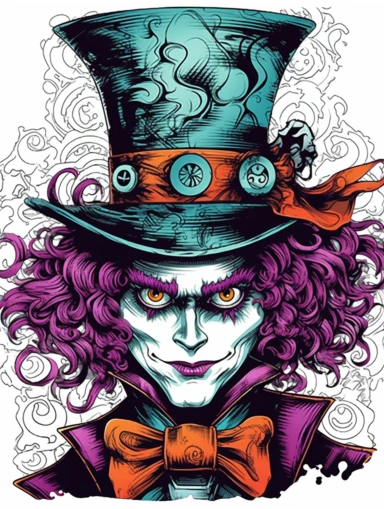 hand drawn clipart of dark gothic spooky mad hatter in bold colors on a white background