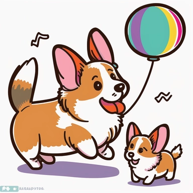 a cute cartoonish clipart of a mommy corgi playing with her baby, by Kasia Rogowska, with a white background and a bright and colorful color palette. The mommy corgi is teaching her baby how to play fetch with a ball, and the baby corgi is bouncing happily after the ball. The clipart has a dynamic and energetic style, with lively lines and fun patterns that make it really pop.