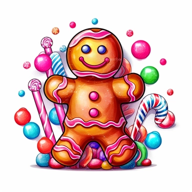 Gingerbread Man hold Candy style by Lucy Fleming, watercolor, smooth gradients, black contour outline, ultra detailed, clipart elements, delicate pastel colors, solid white background, super clear, high quality