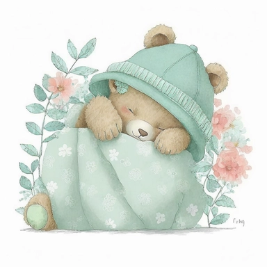 an ultra Cute little newborn baby teddy bear wearing mint green shabby chic floral traditional classic pyjamas and bedtime hat lying on a mint green pillow and blankets watercolour, cute,, bedtime, sleepy, dreamy, isolated on white background, Clipart