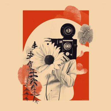 Clip Art,Movies,Movie Poster,A person with a camera in his hand and a flower on his head standing on a beige background, the style type of the picture is clipart--3:4.