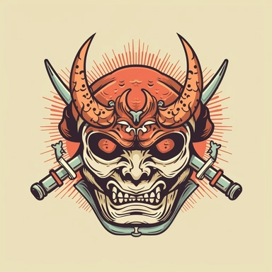 2d clip art image of a Japanese Demon Mask with two crossed katanas under it on a simple background.