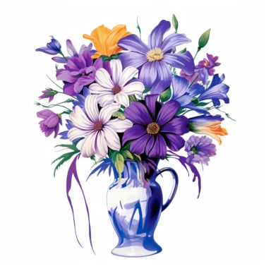 watercolor a blue vase features multiple flowers of all color, in the style of james bullough, white and purple Clipart desert cartoon t-shirt graphic, vector, contour, isolated on a white background