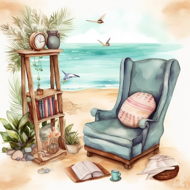 Beach Reading Nook clipart, Coastal Reading Corner, Beach Boho, watercolour style, by the beach