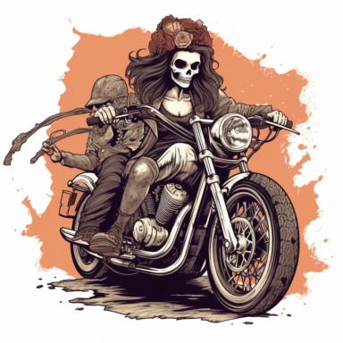 skull headed and skull faced female motorcyclist on a harley looking very tough and hardened white background clipart c 100