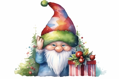 adorable christmas gnome with hat covering his eyes, colorful vibrant, red green white, christmas tree and presents, watercolor clip art