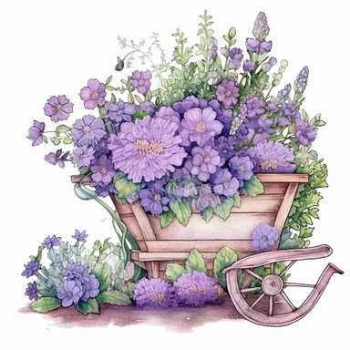 a set of unique EFFERVESCENT watercolor style clip art images in purple and green flowers growing a flower box, other purple flowers growing around it, lavender flowers, wooden wheelbarrow, dreamy intricate designs, the setting must be a floral dream, a s